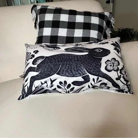 Set of 2 Folk Art Hare Lumbar Pillow Covers, Black & White Woodland, Cottagecore - Picture 3 of 6